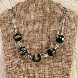 VINtage 1980s Clear Black Paint Bead Necklace Silver Tone Metal Adjustable‎ 9433
